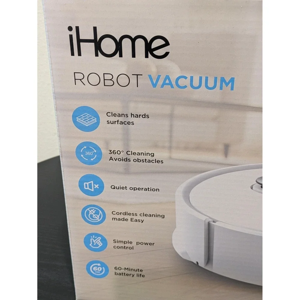 IHome Robot Vacuum White Cordless 60 Min Battery Quiet Compact IHRV50-WHT New